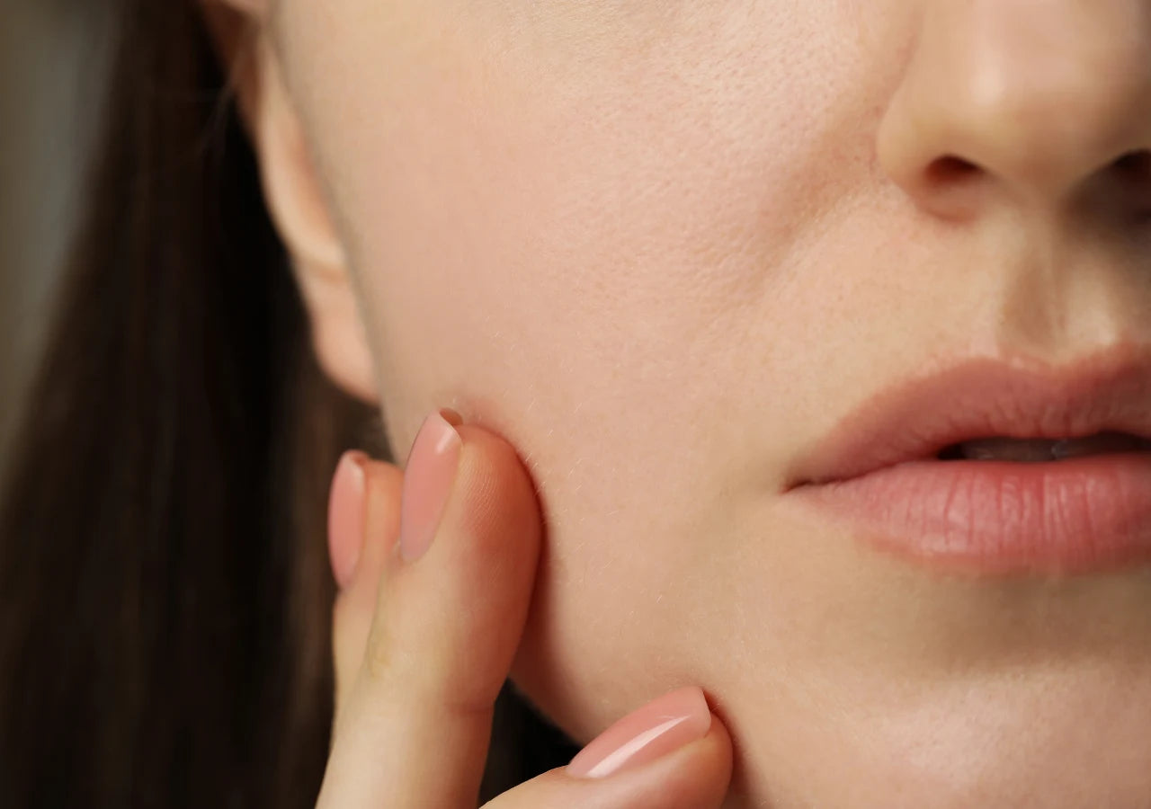 Close-up of a woman’s face showcasing the benefits of microbiome-friendly skincare treatment spray with Hypochlorous Acid. 